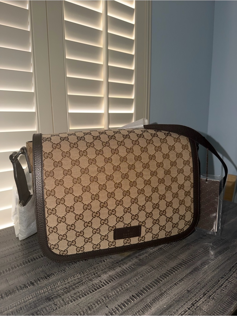 Gucci Beige/Brown GG Canvas Messenger Bag with Dark Brown Trim
